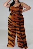 Apricot Casual Print Backless V Neck Plus Size Jumpsuits (With Headscarf)