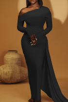 Black Elegant Solid Color Patchwork Oblique Collar Long Dresses