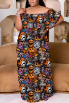 Black Orange Casual Print Patchwork Off Shoulder Long Plus Size Dresses