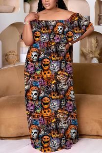 Black Orange Casual Print Patchwork Off Shoulder Long Plus Size Dresses