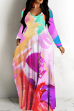Rose Red Casual Print Basic V Neck Long Dresses