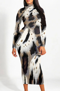 Gray White Street Elegant Geometric Print Flowers Contrast Half A Turtleneck Printed Dresses