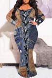 Dark Blue Sexy Faux Denim Print Contrast V Neck Fishtail Plus Size Dresses