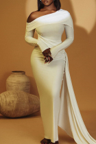 White Elegant Solid Color Patchwork Oblique Collar Long Dresses