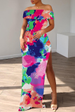 Blue Casual Floral Print Slit Off Shoulder Long Dresses