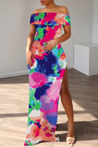 Blue Casual Floral Print Slit Off Shoulder Long Dresses