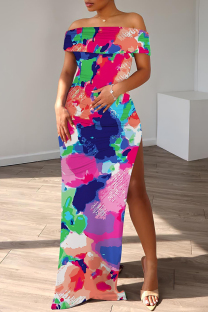 Blue Casual Floral Print Slit Off Shoulder Long Dresses