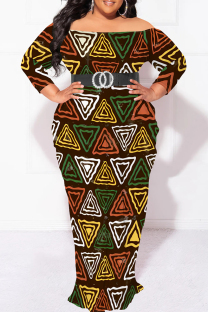 Multicolor Elegant Print Patchwork Backless Off Shoulder Printed Plus Size Dresses