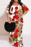 Ginger Casual Floral Print Patchwork Backless Off Shoulder Long Plus Size Dresses
