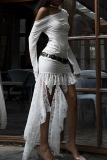 White Elegant Solid Color Lace Patchwork Ruched Off Shoulder Irregular Dresses