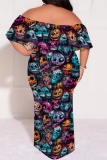 Blue Casual Print Patchwork Off Shoulder Long Plus Size Dresses