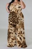 Apricot Casual Print Backless V Neck Plus Size Jumpsuits (With Headscarf)