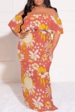 Ginger Casual Floral Print Patchwork Backless Off Shoulder Long Plus Size Dresses