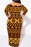 Orange Red Elegant Print Patchwork Backless Off Shoulder Printed Plus Size Dresses