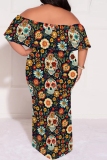 Blue Casual Print Patchwork Off Shoulder Long Plus Size Dresses