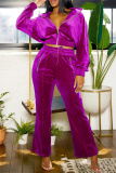 Royal Blue Casual Solid Color Zipper Turndown Collar Long Sleeve Two Pieces