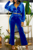 Royal Blue Casual Solid Color Zipper Turndown Collar Long Sleeve Two Pieces