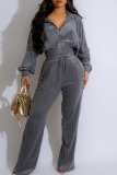Red Casual Solid Color Draw String Pocket Patchwork Zipper Zipper Collar Long Sleeve Two Pieces