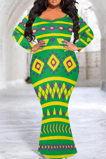 Green Elegant Print Patchwork O Neck Long Plus Size Dresses