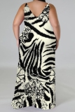 Apricot Casual Print Backless V Neck Plus Size Jumpsuits (With Headscarf)