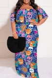 Blue Casual Print Patchwork Off Shoulder Long Plus Size Dresses