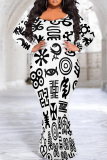 Colour Elegant Print Patchwork O Neck Long Plus Size Dresses