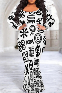 Black And White Elegant Print Patchwork O Neck Long Plus Size Dresses