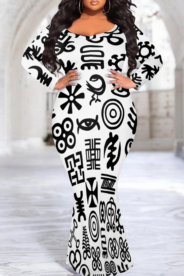 Black And White Elegant Print Patchwork O Neck Long Plus Size Dresses
