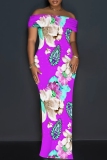 Blue Casual Floral Print Slit Off Shoulder Long Dresses