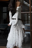 White Elegant Solid Color Lace Patchwork Ruched Off Shoulder Irregular Dresses