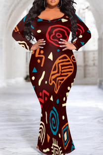 Multicolor Elegant Print Patchwork O Neck Long Plus Size Dresses