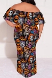 Blue Casual Print Patchwork Off Shoulder Long Plus Size Dresses