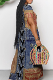 Blue Coffee Sexy Faux Denim Print Pocket Contrast V Neck Printed Dresses