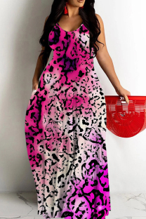 Purple Sexy Casual Print Backless Spaghetti Strap Long Dresses