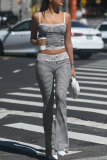 Black Casual Plaid Lace Patchwork Backless Spaghetti Strap Sleeveless Two Pieces
