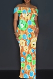 Blue Casual Floral Print Slit Off Shoulder Long Dresses