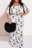 Blue Casual Print Patchwork Off Shoulder Long Plus Size Dresses