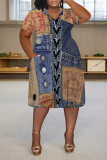 Baby Blue Casual Street Faux Denim Print Pocket Contrast V Neck Printed Plus Size Dresses