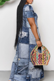 Blue Coffee Sexy Faux Denim Print Pocket Contrast V Neck Printed Dresses