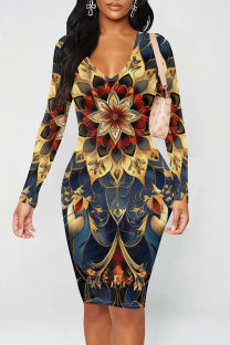 Golden Blue Elegant Print Patchwork V Neck Wrapped Skirt Dresses