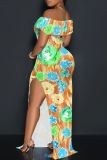 Blue Casual Floral Print Slit Off Shoulder Long Dresses