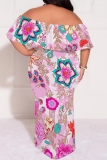 Ginger Casual Floral Print Patchwork Backless Off Shoulder Long Plus Size Dresses