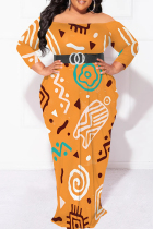 Orange White Elegant Print Patchwork Backless Off Shoulder Printed Plus Size Dresses