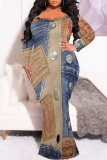 Dark Blue Sexy Faux Denim Print Contrast V Neck Fishtail Plus Size Dresses