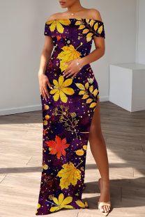 Dark Purple Casual Floral Print Slit Off Shoulder Long Dresses