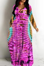 Rose Red Casual Print Basic V Neck Long Dresses