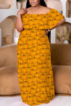 Orange Casual Print Patchwork Off Shoulder Long Plus Size Dresses