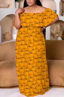 Orange Casual Print Patchwork Off Shoulder Long Plus Size Dresses