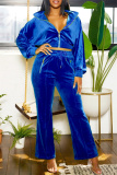 Royal Blue Casual Solid Color Zipper Turndown Collar Long Sleeve Two Pieces
