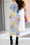 Rose Pink Street Elegant Geometric Print Flowers Contrast Half A Turtleneck Printed Dresses
